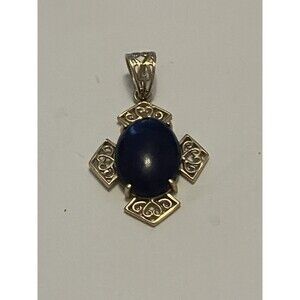 10K Yellow Gold Lapis Lazuli Cross Pendant Filigree Charm JAM Hallmark Vintage